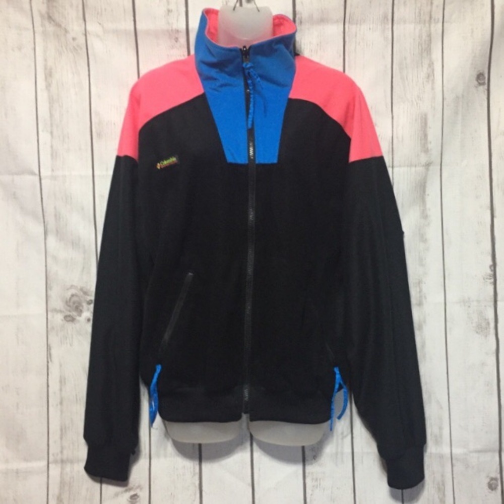 Vtg 90s Columbia Windbreaker Black Neon Pink L